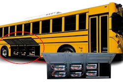 A school bus with the battery pack highlighted.