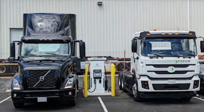 Two of Hight Logistics/Electric's battery-electric trucks
