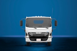 An Isuzu electric truck on a blue background.