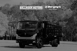 A Bollinger B4 truck with the Bollinger Motors and Bergey's Truck Centers logos.