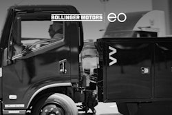 A Bollinger B4 truck with the Bollinger logo and the EO Charging logo