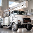 An electric Mack MD bucket truck with a Terex aerial device.