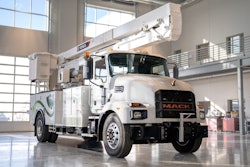 An electric Mack MD bucket truck with a Terex aerial device.