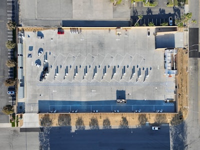 The new charging hub (above), located not far from the ports of Long Beach and LA, represents a big step forward in battery-electric commercial trucking.