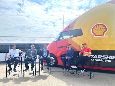 Thomas Mueller, general manager of Commercial Road Transport at Shell, Mike Roeth, executive director of the North American Council for Freight Efficiency, Kunal Koul, managing director, advisory and digital consulting for NTT, J. Douglas Boles, president of IndyCar and Indianapolis Motor Speedway, and Team Penske driver Josef Newgarden.