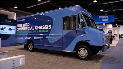Blue Bird's all-new step van (above) features a 140 kWh lithium-ion battery enabling a vehicle range of up to 130 miles on a single charge, making it ideal for last-mile deliveries.