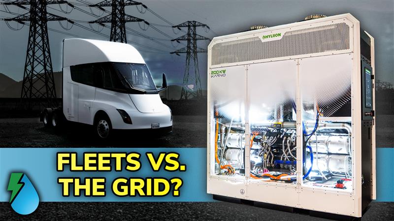 Hyliion&rsquo;s Karno Power Module generating on-site power alongside a Tesla Semi.