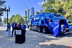 Officials from the city of Chicago and Republic Services inaugurate new Mack LR Electric garbage trucks.