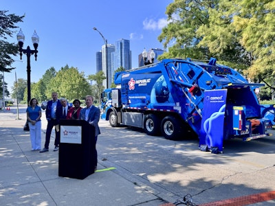 Officials from the city of Chicago and Republic Services inaugurate new Mack LR Electric garbage trucks.