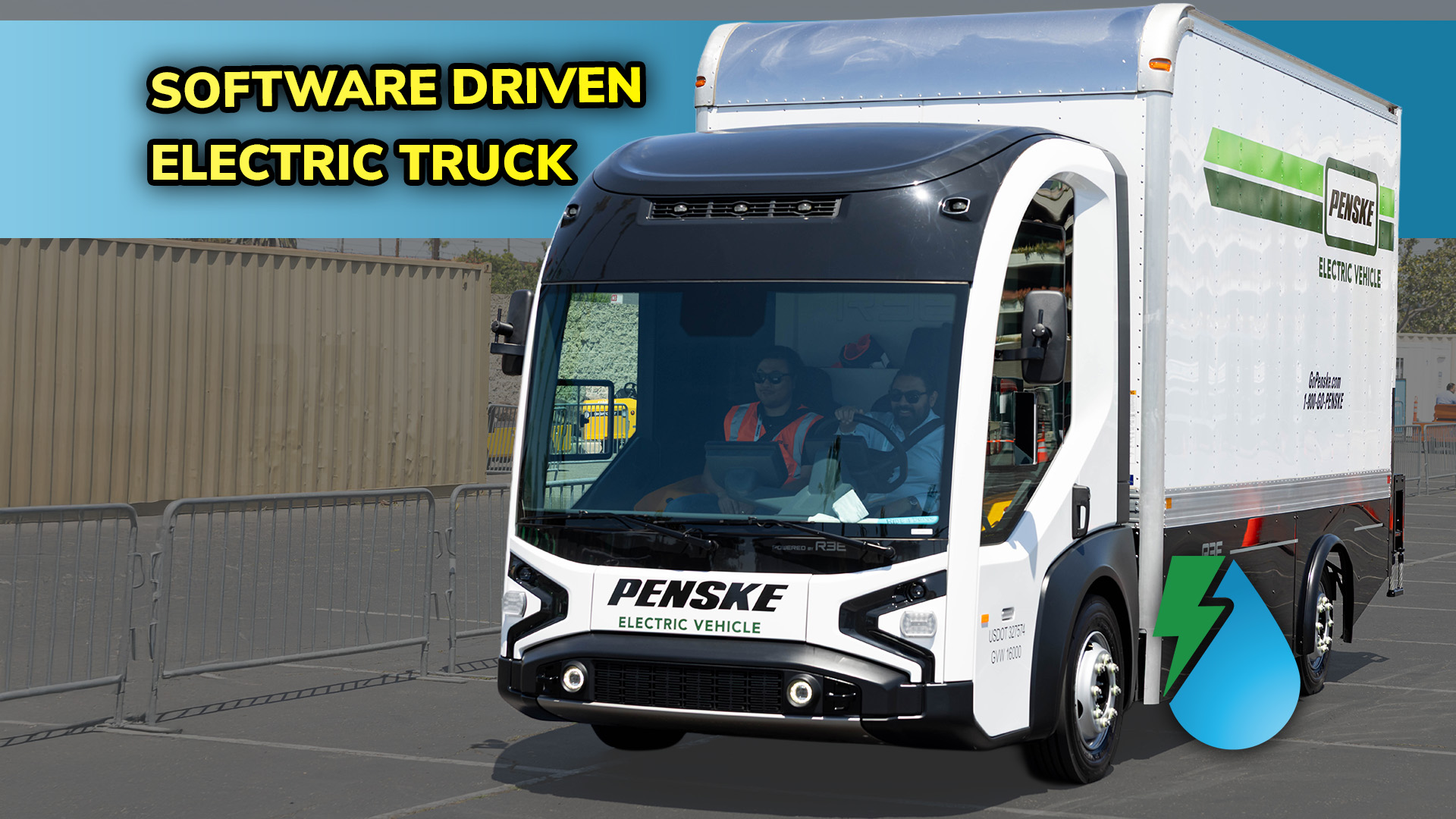 A white REE P7-C chassis cab displaying Penske logo