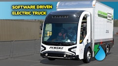 A white REE P7-C chassis cab displaying Penske logo