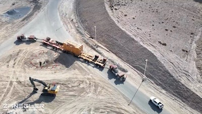 Diesel semis delivering the massive stamping press for the Tesla Semi at Nevada Gigafactory.