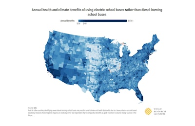 US map showing health and climate benefits of electric school buses by county