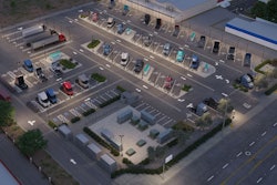 A rendering of the completed 10-megawatt, 76-charger truck charging depot currently under construction by San Francisco-based EV Realty in San Bernardino, California.