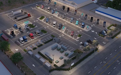 A rendering of the completed 10-megawatt, 76-charger truck charging depot currently under construction by San Francisco-based EV Realty in San Bernardino, California.