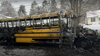 The burned remains of a Lion Electric LionC EV school bus in Canada.