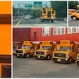 A photo collage showcasing Motiv Electric Trucks' Type B EV school buses.