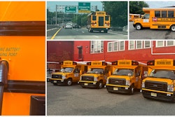 A photo collage showcasing Motiv Electric Trucks' Type B EV school buses.
