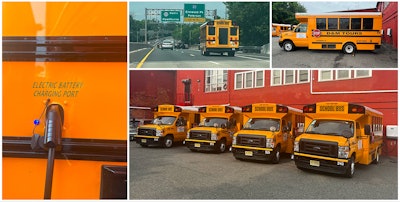 A photo collage showcasing Motiv Electric Trucks' Type B EV school buses.