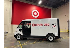 The Chevrolet BrightDrop EV last-mile delivery van on display at a Target warehouse.