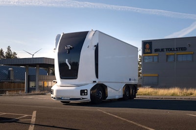 Einride's autonomous delivery truck parked outside of the Orje customs office in Norway.