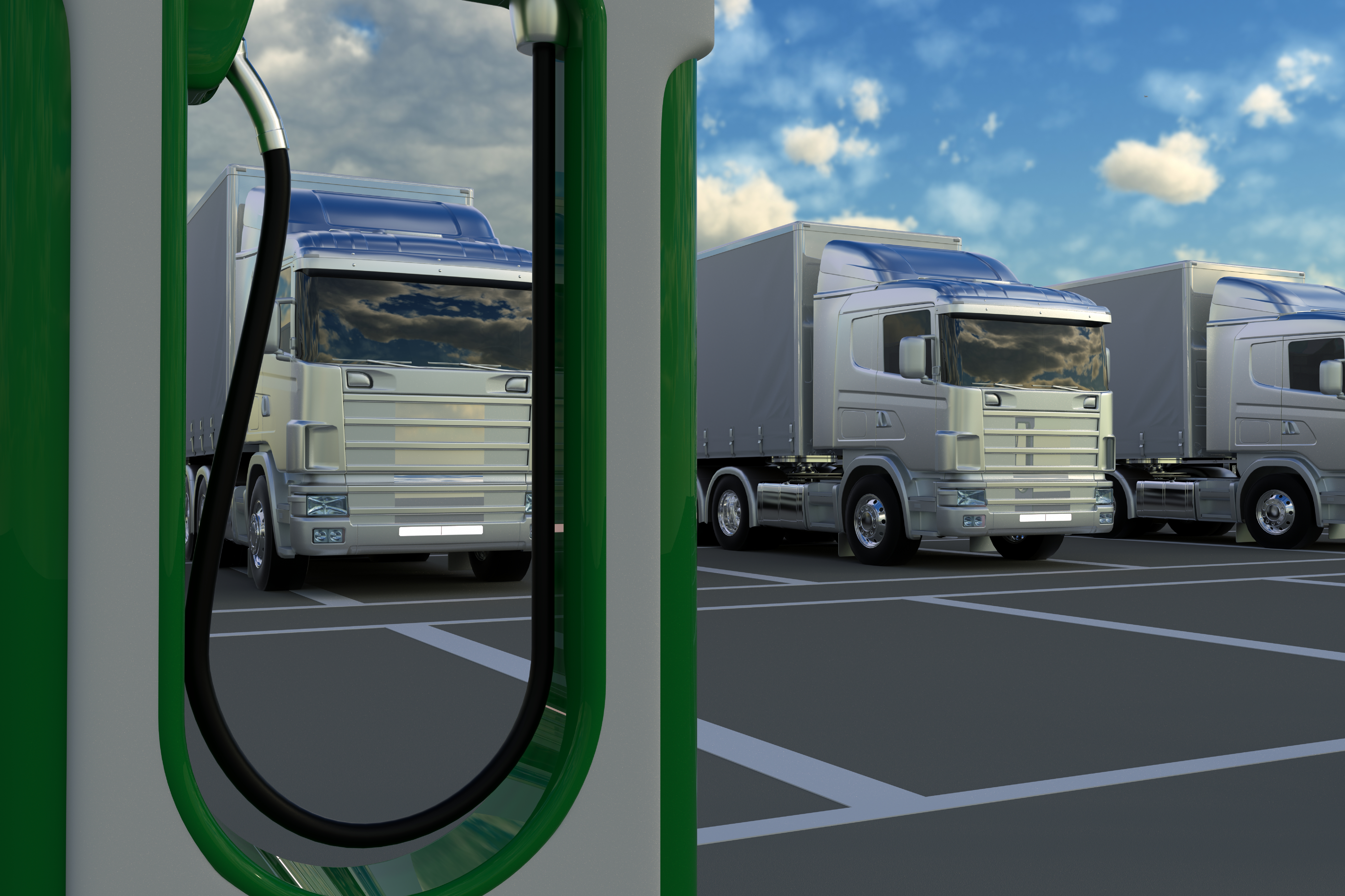 An example of battery-electric semis lined up at a charging station.