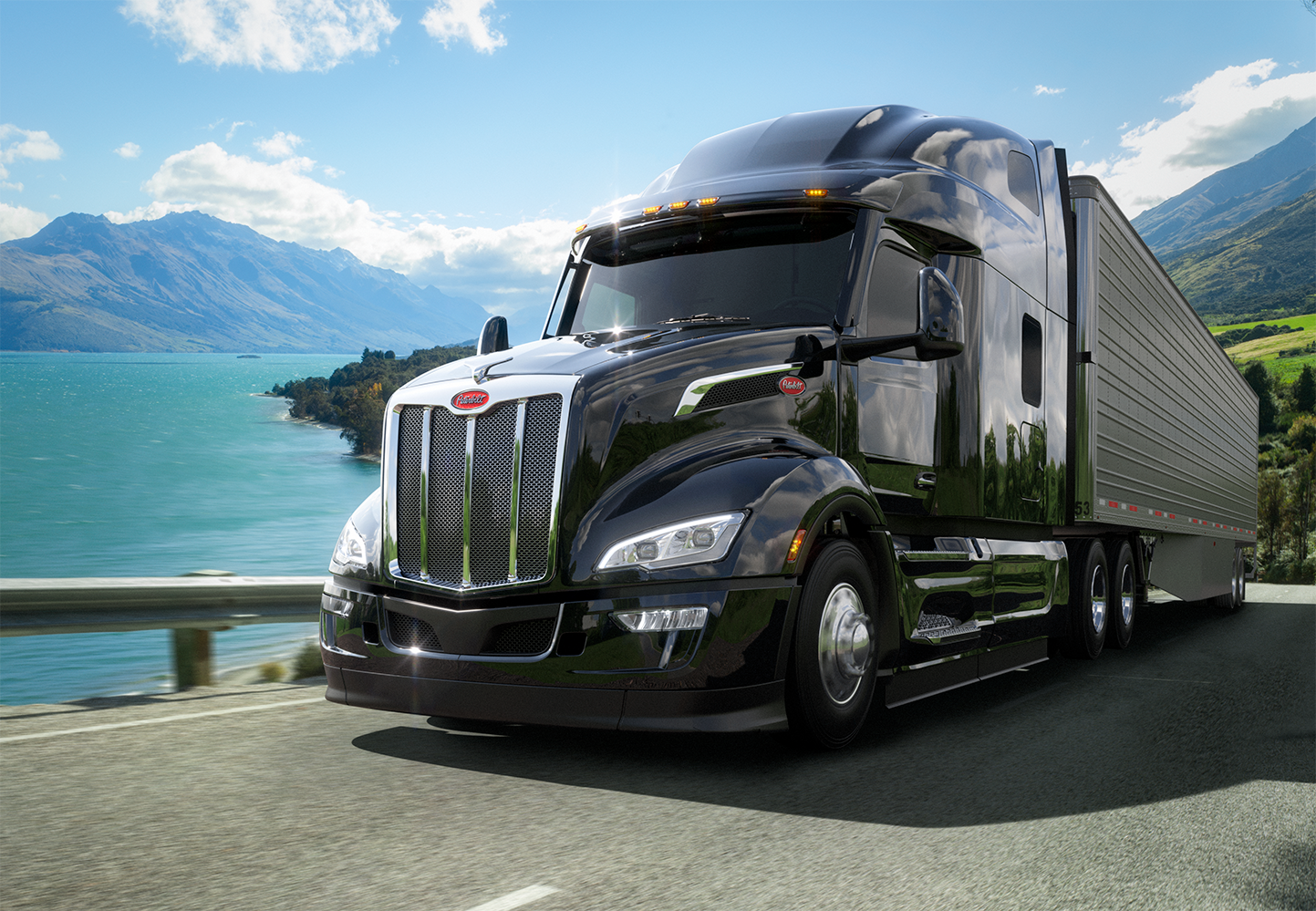 An example of a traditional diesel-powered Peterbilt Model 579 driving on a highway.