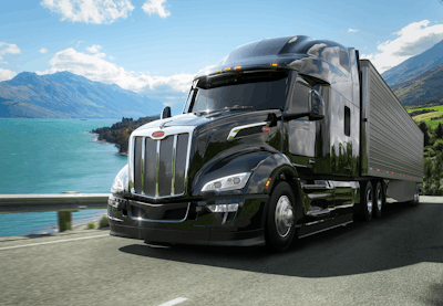 An example of a traditional diesel-powered Peterbilt Model 579 driving on a highway.