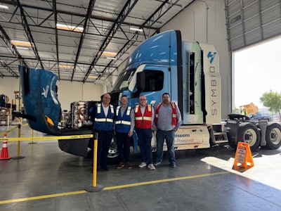 One of two Freightliner Cascadia's in Talke USA's fleet that's been retrofitted with a Symbio-developed fuel cell system and a hydrogen-electric powertrain.