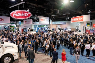 The showroom floor of the 2025 ACT Expo in Anaheim, Calif. featuring the Peterbilt and Kenworth displays.
