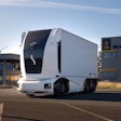 Einride's autonomous battery-electric delivery truck parked outside of the Orje customs office in Norway.