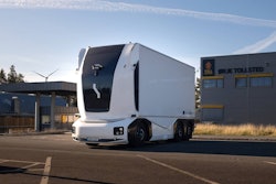 Einride's autonomous battery-electric delivery truck parked outside of the Orje customs office in Norway.