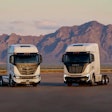 The Nikola Tre battery-electric (left) and the hydrogen fuel cell version (right) will get their connectivity restored next month with apps, real-time data, and cellular service after being offline for months as a result of the company's bankruptcy.