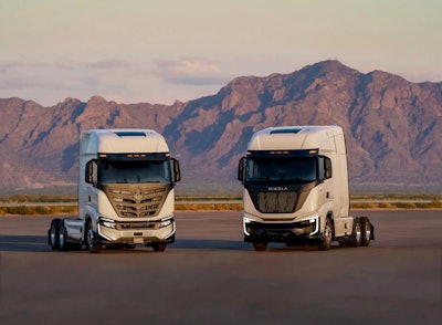The Nikola Tre battery-electric (left) and the hydrogen fuel cell version (right) will get their connectivity restored next month with apps, real-time data, and cellular service after being offline for months as a result of the company's bankruptcy.