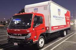 A Rizon medium-duty commercial EV with red and white Republic Master Chefs livery in a parking lot.