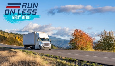 A white semi-truck on a scenic highway, representing the Run on Less - Messy Middle 2025 demonstration, which aims to improve the efficiency and reduce the environmental impact of mid-mile logistics.