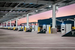 Terawatt Infrastructure's new heavy-duty charging station in Rialto, CA. runs on 100% renewable energy and features 18 fast-charging stalls, 55 bobtail parking stalls, a Wi-Fi-equipped driver lounge, and solar canopies.