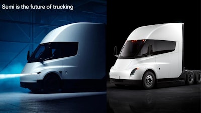Compared to the original design (right), the updated Semi (left) sports a redesigned headlight and front bumper, a more compact wraparound windshield, and enhanced aerodynamic features.