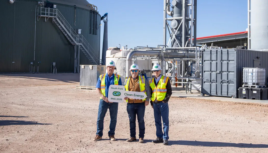 Officials from Clean Energy and South Fork Dairy pose in front of the newly opened renewable natural gas (RNG) facility located in Dimmitt, Texas. It has the capability to produce approximately 2.6 million gallons of low-carbon RNG annually.