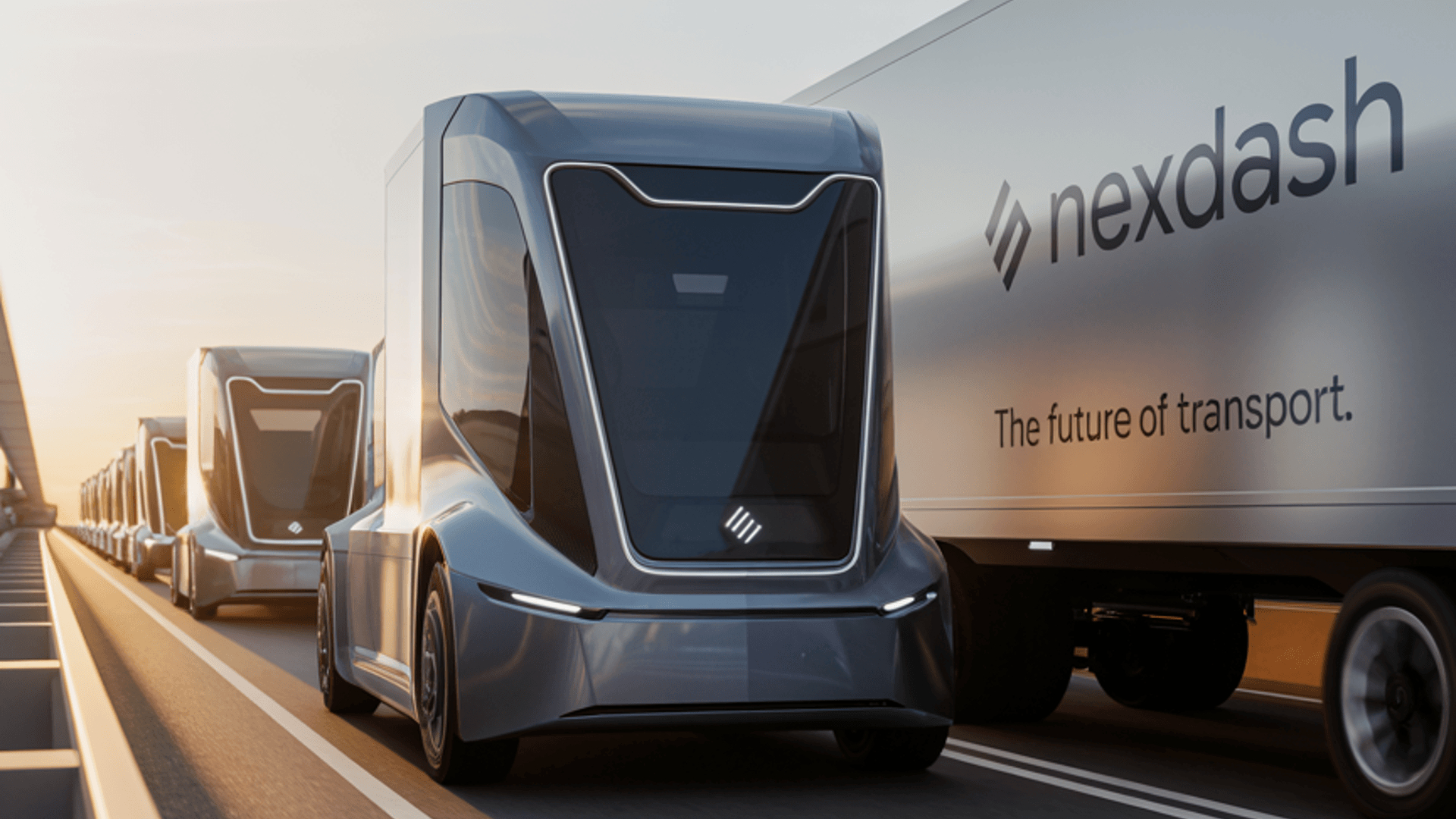 A rendering of a potential future autonomous EV semi with NexDash branding driving on the highway.