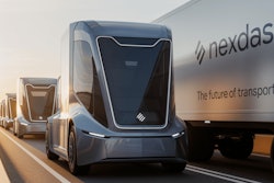 A rendering of a potential future autonomous EV semi with NexDash branding driving on the highway.