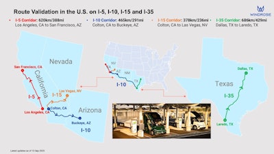 A map showcasing Windrose's U.S. route validation to date on the I-5, I-10, I-15 and I-35 corridors.