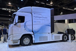 The Hyundai XCIENT hydrogen fuel cell Class 8 semi truck on display at the 2025 Advanced Transportation (ACT) Expo.