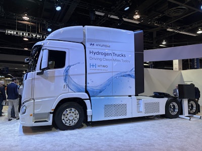 The Hyundai XCIENT hydrogen fuel cell Class 8 semi truck on display at the 2025 Advanced Transportation (ACT) Expo.