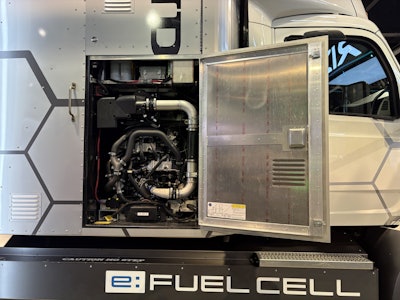 The Hyundai XCIENT's e:fuel cell system on display.