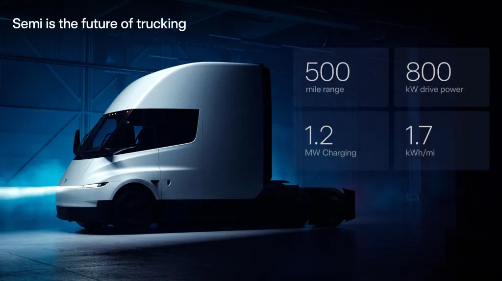 The updated 2026 Tesla Semi pictured with key specifications in the background.
