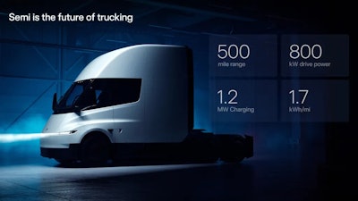 The updated 2026 Tesla Semi pictured with key specifications in the background.