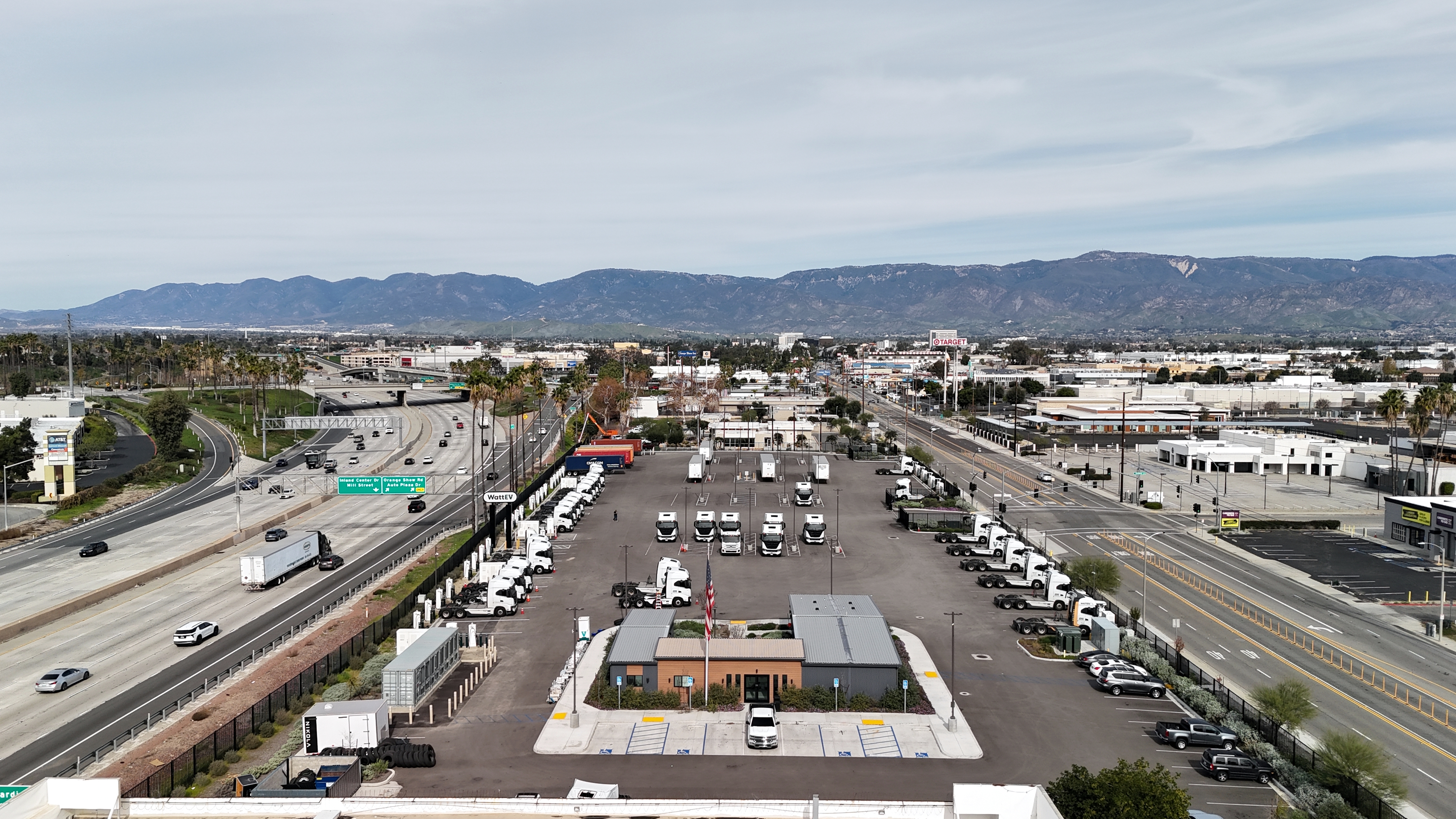 An aerial view of WattEV's newly expanded San Bernardino, California charging depot, which now has Megawatt charging.