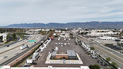 An aerial view of WattEV's newly expanded San Bernardino, California charging depot, which now has Megawatt charging.
