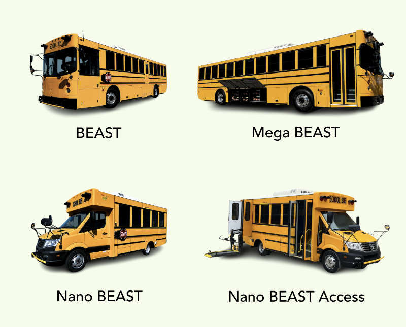 GreenPower's battery-electric school bus lineup, consisting of (from top left) the Beast, Mega Beast, Nano Beast, and Nano Beast Access.